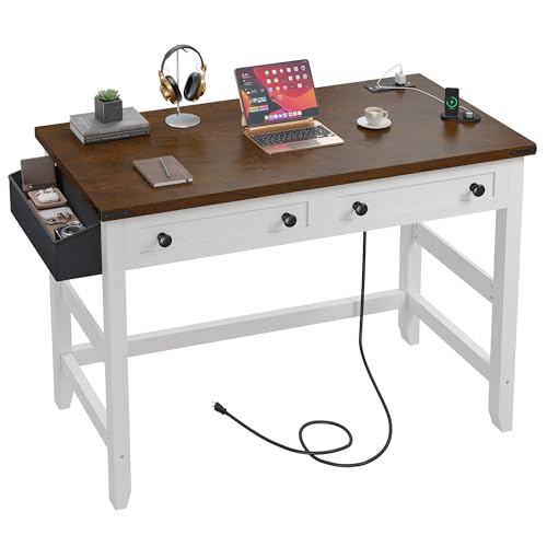EnHomee 40" Small Desk with Drawers & Power Outlets for Teens Bedroom | Functional Drawers & Built-In Power Outlets; Organize Supplies and Charge Devices for Teen Small Study Room, Brown+White - color: Brown+white, size: 40inch with Drawers