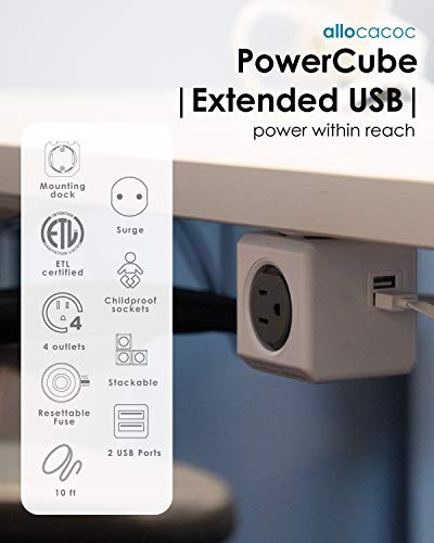 Power Strip Allocacoc PowerCube Extended 4 Outlets 2 USB 10ft 14AWG Cable, 15A 125V 1875W Max Extenion Surge Protector, Mounting Dock, No Blockage Phone Laptop Travel Dorm Home Office Space Saving ETL