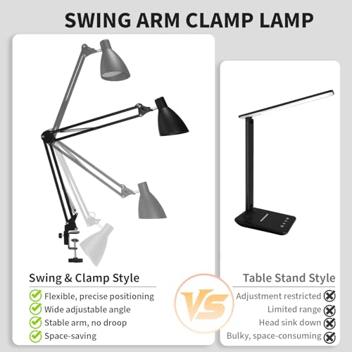 Swing Arm Desk Lamp with Clamp, Adjustable Arm LED Clamp on Desk Lamps with 5 Color Modes and 10 Brightness for Home Office Reading Drafting Study (Black) - color: Black