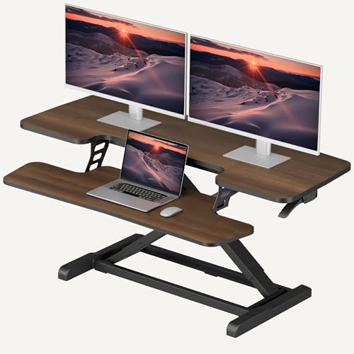 SANODESK 42" Standing Desk Converter, Large Sit-Stand Riser for Dual Monitors & Laptop, Stable Multi-Device Workstation with Keyboard Tray, Home Office Desktop Converter, Walnut - color: Walnut, size: 42"