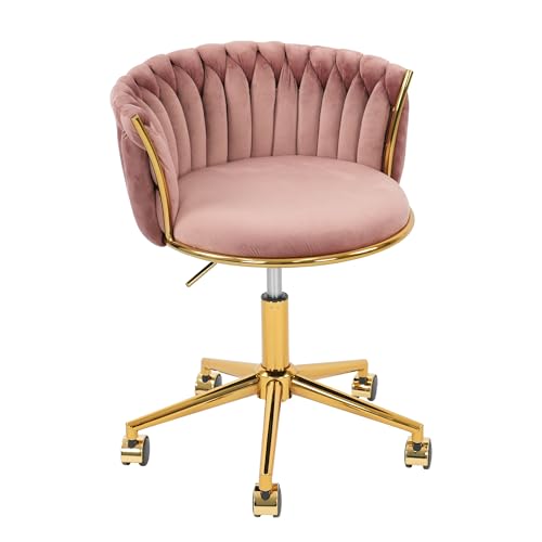 HENGJIANYI Velvet Woven Home Swivel Vanity Desk Chair with Gold Base, Pink | Modern Height Adjustable Office Chair with Metal Base and Hand Weaving Back Wheels for Bedroom Study Small Space girl women - color: Pink