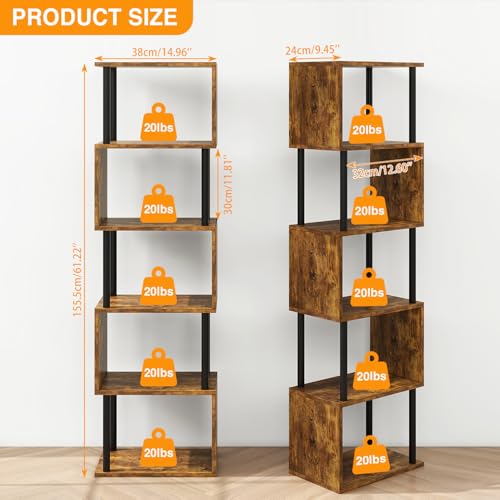 IBUYKE 6-Tier Tall Bookshelf,S-Shaped Geometric Bookcase,Brown WBC016H - color: Rustic Brown, size: 6 Tier