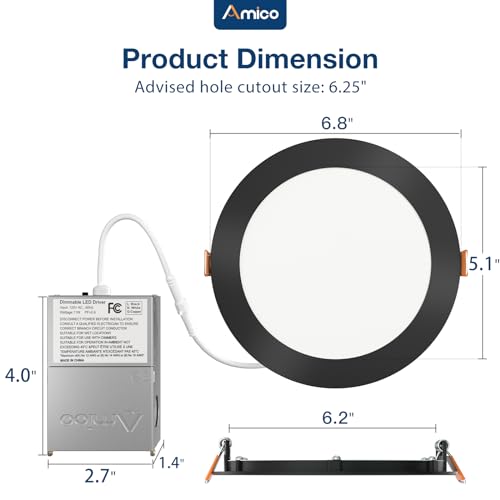 Amico 12 Pack 6 Inch LED Recessed Lighting, Canless Wafer Downlight, Black | 5CCT 2700K-5000K, 5%-100% Dimmable, Ultra-thin, Metal housing, 1050LM 12W 120V, IC & Damp Rated, ETL & FCC, 50000h Life Span - color: Black, size: 6 Inch