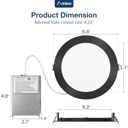 Amico 12 Pack 6 Inch LED Recessed Lighting, Canless Wafer Downlight, Black | 5CCT 2700K-5000K, 5%-100% Dimmable, Ultra-thin, Metal housing, 1050LM 12W 120V, IC & Damp Rated, ETL & FCC, 50000h Life Span - color: Black, size: 6 Inch