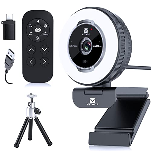 Zoomable Webcam with Remote Control, 1080P 60FPS Streaming Webcam with Adjustable Ring Light and Tripod, Pro USB 5X Digital Zoom Webcam for Zoom/Skype Teams/Laptop/Mac Windows