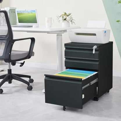 3 Drawer Mobile Locking File Cabinet, Anti-tilt Design Metal Vertical Filing Cabinet, Rolling Desk Filing Cabinet fits Letter/Legal/A4 Size for Home Office,Black - color: Black, style: 3A