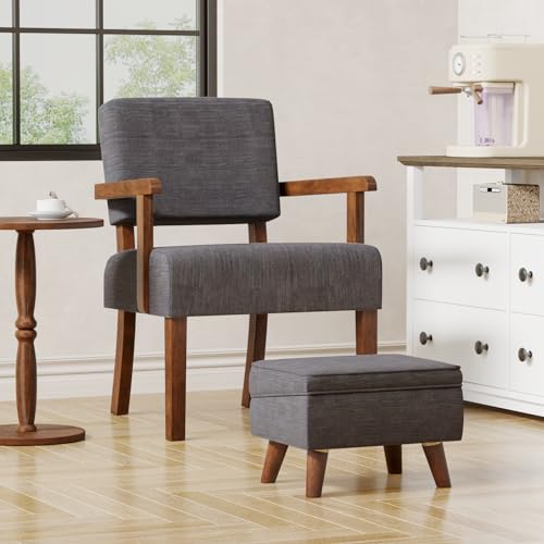 Accent Chairs Set of 2, 2 Solid Wood Armchairs with Side Table | Living Room Chairs with Soft Thicken Cushion, Comfy Reading Chair for Bedroom, Waiting Room, Home Office, Easy Assembly - color: Linen Gray, size: Set of 2 with table