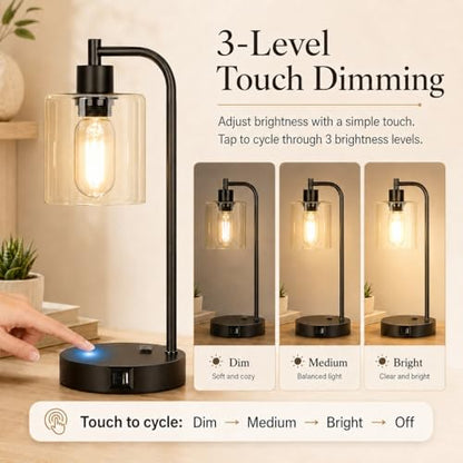 Set of 2 Industrial Touch Control Table Lamps with USB C+A Ports and AC Outlet - 3-Way Dimmable Black Bedside Lamps Nightstand Desk Lamps for Bedroom Living Room, Glass Shade & 2 LED Bulbs Included - color: Black(2 pack) - Clear Glass-Touch Control