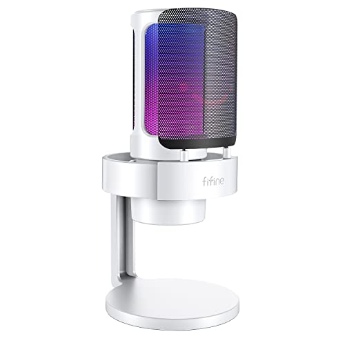 FIFINE A8 White USB Gaming Condenser Microphone with Tap Mute for Streaming | RGB Control, Headphone Jack, Gain Knob, Pop Filter, Shock Mount, for PC PS4/5 Home use YouTube Discord Twitch Podcasts - size: A8W-Desktop