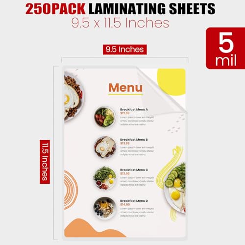 CAREGY Thermal Laminating Pouches,250 Pack Laminating Sheets | 5 Mil, 9 x 11.5 Inches Lamination Sheet Paper for Laminator, Round Corner Letter Size, Office and School Supplies - size: 250PACK-5Mil (9 x 11.5Inches)