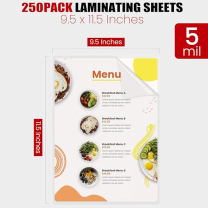 CAREGY Thermal Laminating Pouches,250 Pack Laminating Sheets | 5 Mil, 9 x 11.5 Inches Lamination Sheet Paper for Laminator, Round Corner Letter Size, Office and School Supplies - size: 250PACK-5Mil (9 x 11.5Inches)