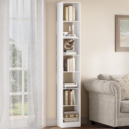 Hzuaneri Bookcase, Tall Narrow Bookshelf, Open Display Storage Shelf | Skinny Cube Book Shelf with Adjustable Shelves, CD Rack for Living Room, Office 7-Tier(9.4 x 11.8 x 84.3 inch) White BC79703X - color: White, size: 7-Tier(9.4 x 11.8 x 84.3 inch)
