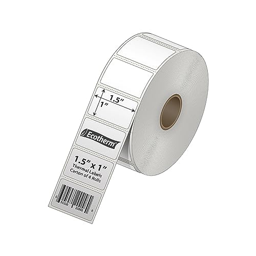 1.5" x 1" Thermal Labels | 4 Rolls | 1,325 Labels/Roll | 5,300 Total | fits Zebra, Munbyn, Rollo, Godex, Arkscan, iDPRT, Offnova Thermal Printers | Blank White Adhesive Stickers by Ecotherm - size: 1.5 x 1 White - 5300 Labels