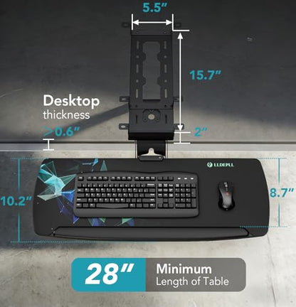 Keyboard Tray Under Desk with Storage Drawer, Height Adjustable Keyboard Tray Slide Out 360° Swivel Tilt, Ergonomic Under Desk Mount Keyboard & Mouse Pad Lighting for Gaming Home Office - size: 28” Length with lighting