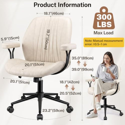 Leather Office Chair with Removable Armrests, Mid Back Ergonomic Desk Chair with Lumbar Support, Adjustable Height Rocking Swivel Executive Chair for Home Office, White - color: White