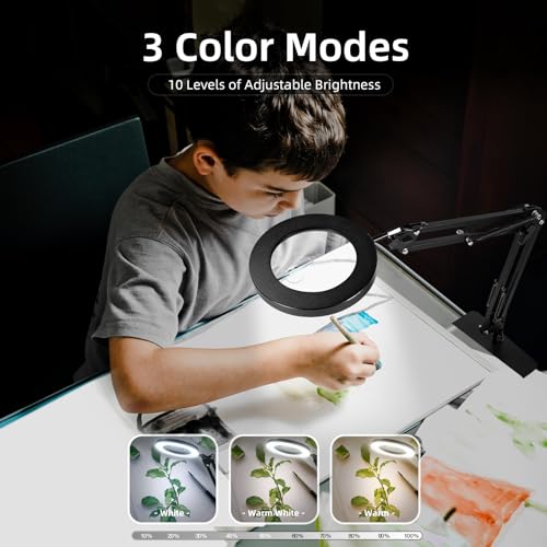 Magnifying Glass with Light and Stand, 3-in-1 Gooseneck Arms 3 Color Modes Stepless Dimmable, 10x&5X LED Desktop Magnifier with Light Hands Free for Workbench Reading Crafts Painting Hobby Close Work