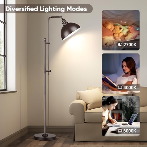 PARTPHONER Industrial Floor Lamp Adjustable, Rustic Farmhouse Reading Lamp in Aged Brown Finish Modern Standing Lamp with Remote Control Metal Shade for Living Room Bedroom Study Room Office Hotel - color: Brown