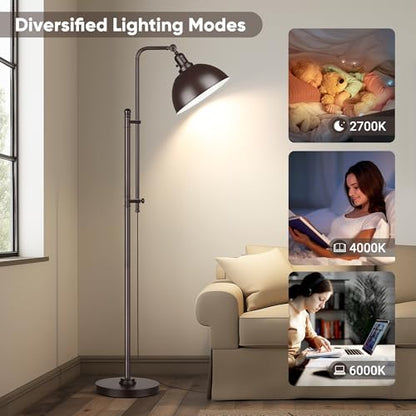 PARTPHONER Industrial Floor Lamp Adjustable, Rustic Farmhouse Reading Lamp in Aged Brown Finish Modern Standing Lamp with Remote Control Metal Shade for Living Room Bedroom Study Room Office Hotel - color: Brown