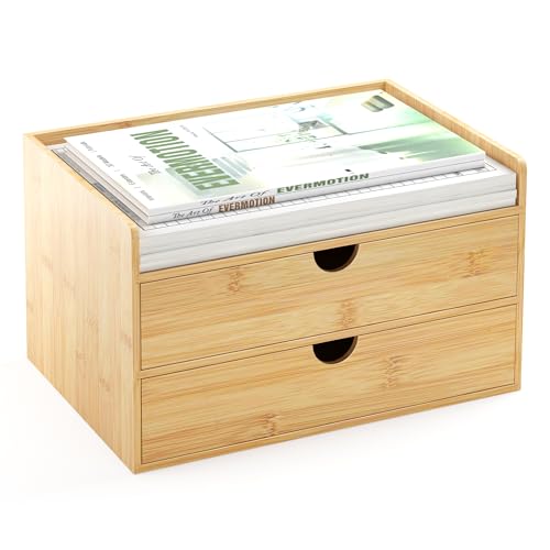 Bamboo Desk Organizer with Drawers, Desktop Storage Box for Office Supplies | 2 Drawers Desktop organizer, No Assembly Required, Natural Wood Wooden Desktop Drawers for Bills, Cosmetics, Seals, Paper - color: Natural-2 Drawers, size: 12.2"L x 8.66"W x 7.0