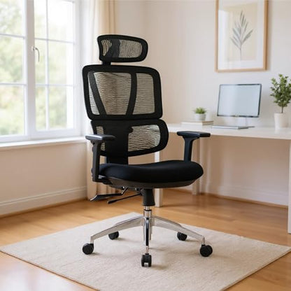 SUNLINE Elevate Office Chair - Ergonomic & Adjustable Lumbar Support System with Aluminum Base - 4D Curved Mesh Headrest & 3D Armrest Chair, Tilt Control - color: Black - Back Support