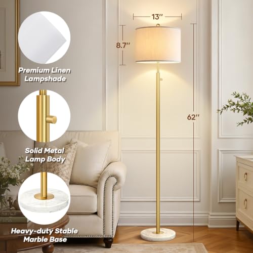 Nintiue Dimmable Gold Floor Lamp, Turkish Marble Base, White Linen Shade | Turkish marble base, 0-100% stepless dimming, 11W 2700K bulb, white linen shade, Non-Slip Base, 64.6 in tall, save space - color: Gold-Marble-Line Shade