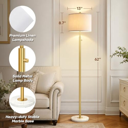 Nintiue Dimmable Gold Floor Lamp, Turkish Marble Base, White Linen Shade | Turkish marble base, 0-100% stepless dimming, 11W 2700K bulb, white linen shade, Non-Slip Base, 64.6 in tall, save space - color: Gold-Marble-Line Shade
