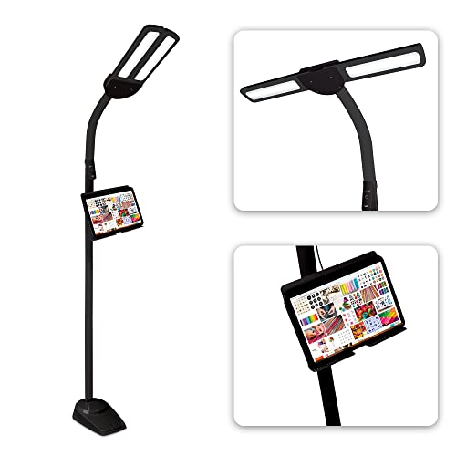 OttLite Dual Shade LED Floor Lamp with Adjustable Stand, Black | Natural Daylight LEDs | Dual Pivoting Shades | 4 Brightness Settings | Tablet and Phone Stand - color: Black