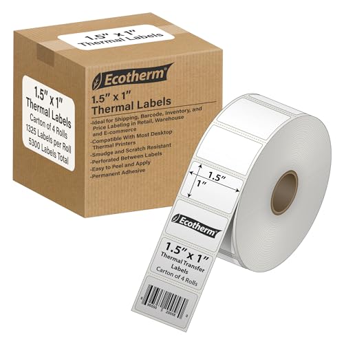 1.5" x 1" Thermal Labels | 4 Rolls | 1,325 Labels/Roll | 5,300 Total | fits Zebra, Munbyn, Rollo, Godex, Arkscan, iDPRT, Offnova Thermal Printers | Blank White Adhesive Stickers by Ecotherm - size: 1.5 x 1 White - 5300 Labels