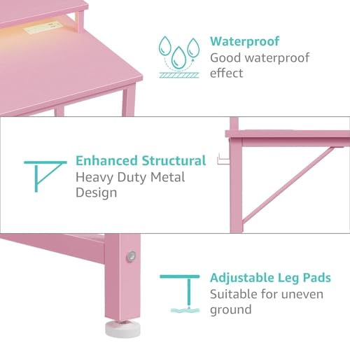 Lufeiya Small Girls Desk with Power Outlets and LED Lights, 32 Inch Gaming Desk Table with Charging Station, Home Office Computer Desks with Monitor, Pink - color: Pink, size: 31.5"