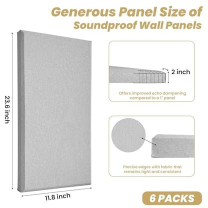 6pcs Fiberglass Acoustic Panels, 23.6" x 11.8" x 2" Thick Sound Proofing Foam Wall Panels, Self-Adhesive High Density Sound Dampening Panels for Studio, Home Theater & Office, Noise Canceling - color: Gray
