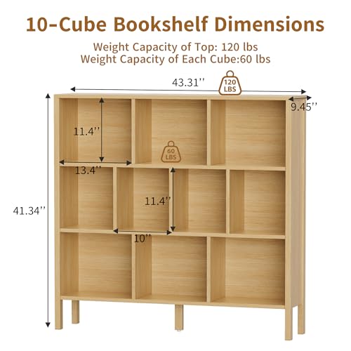 KIGOTY 10 Cube Modern Bookcase, 3-Tier Open Storage Organizer, Freestanding Bookshelf with Legs, Narrow Bookcase for Living Room, Bedroom & Office (Yellow) - color: Yellow