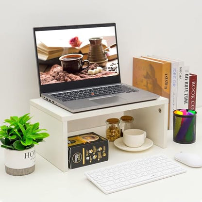 TEAMIX White Monitor Stand - 6.7 inch Tall, Wood Riser, Desk Organization | Laptop/Printer/Computer Stand, Extra Storage Underneath, Minimalist, Modern Design, Smooth White Finish, for Home Office