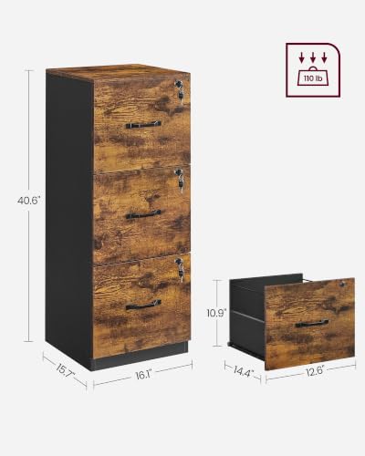 VASAGLE 3 Drawer File Cabinet with Locks, for A4, Letter Sized Documents - color: Rustic Brown, size: 3 Drawers