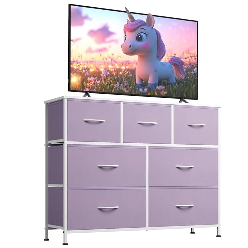 WLIVE 7 Drawer Dresser TV Stand, Entertainment Center, Media Console Table with Metal Frame and Wood Top for TV up to 45 inch, Chest of Drawers for Bedroom, Living Room, Purple - color: Purple