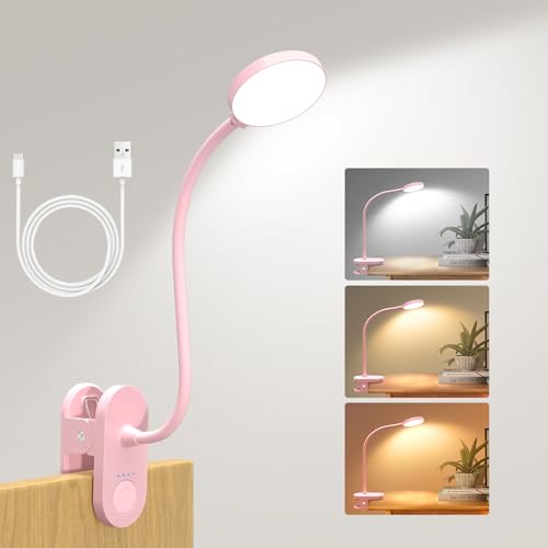 Rechargeable Clip on Light for Bed, Cute LED Reading Lamp for Girls Dorm Room, Portable Book Light with Clamp on Headboard Bedside Table, Flexible Lamp with 3 Color Temp & 10 Brightness (Pink/3.5'') | 10 Brightness Levels, Clamp Lamp with USB-C, 15.8'' Fl