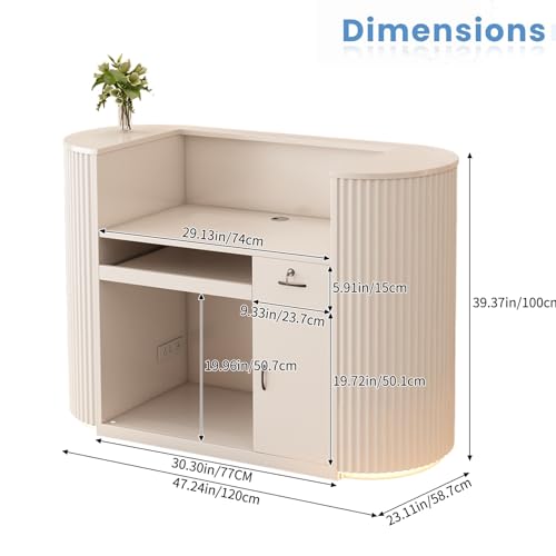 Modern Reception Desk with Counter - Curved Front Checkout Page with Led Lighting, Lockable Drawers, Hidden Cable Management and Wood Construction, Salon Reception Desk for Beauty Salons - color: Milky White