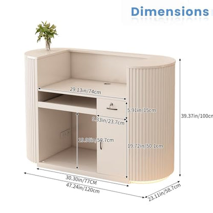 Modern Reception Desk with Counter - Curved Front Checkout Page with Led Lighting, Lockable Drawers, Hidden Cable Management and Wood Construction, Salon Reception Desk for Beauty Salons - color: Milky White