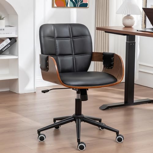 Conference Table Chair with Walnut Finish,Mid Century Modern Office Chair | Ergonomic Curved Back, Bentwood Frame, 360° Swivel & Rocking Function, Height Adjustable 19"-23", Support Up to 350lbs - color: Walnut Black