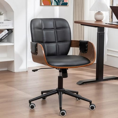 Conference Table Chair with Walnut Finish,Mid Century Modern Office Chair | Ergonomic Curved Back, Bentwood Frame, 360° Swivel & Rocking Function, Height Adjustable 19"-23", Support Up to 350lbs - color: Walnut Black