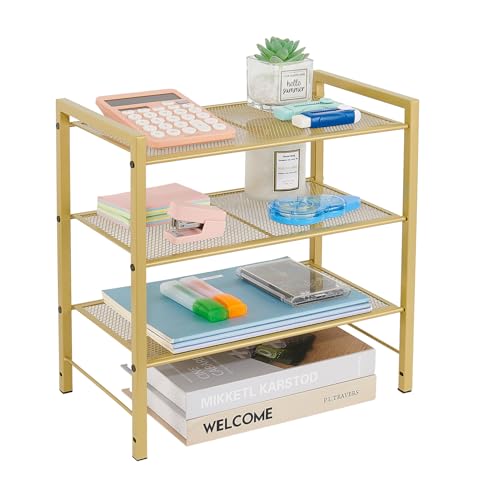 Desktop Shelf Organizer, 3-Tier Office Storage Rack, Adjustable Metal Bookshelf for Top of Desk, Desk Organizer for Office, Home, Dorm and Small Spaces (Gold) - color: Gold