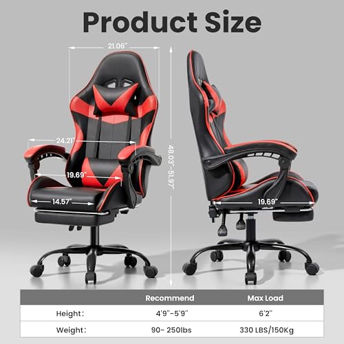 Gaming Chair, Ergonomic Computer Chair with Footrest and Lumbar Support, Height Adjustable Office Chair with 360° Swivel Seat and Headrest (Red & Black) - color: Red & Black