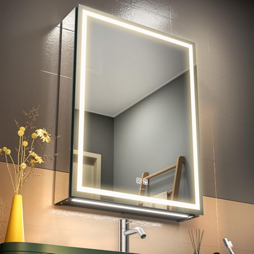 20 * 28 Right Hinge LED Bathroom Mirror Cabinet, Aluminum Medicine Cabinet | Light Adjustable, Sockets & USBs inside, Anti-Fog, Easy to Install - color: 20*28 Right Hinge