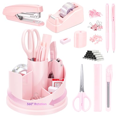 deli Office Supplies Set, Desk Accessory Organizer Kit, Pink - color: Pink