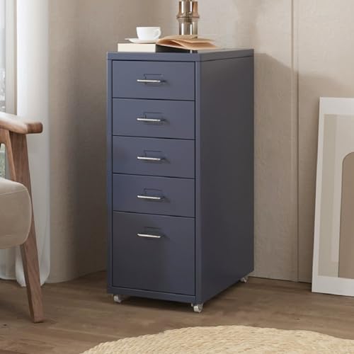 Metal Filing Cabinet with Wheels, 5 Drawers Mobile Storage Cabinet Small Printer Stand Vertical Organizer for Home Office - color: Grey