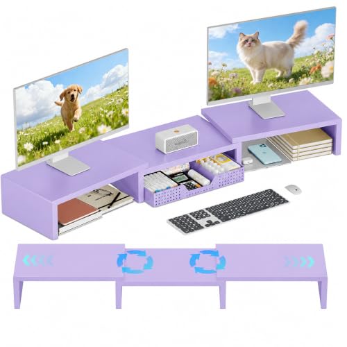 OPNICE Dual Computer Monitor Stand Riser, Desk Organizer with Drawer, Office Desk Accessories & Workspace Organizers for Home Office Supplies, Purple - color: Purple