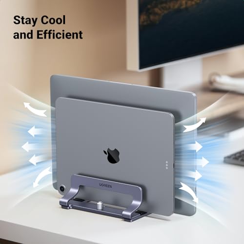 UGREEN 3-Slot Vertical Laptop Stand Holder Desk Compatible with MacBook Pro Air Laptop Stand Desktop Adjustable, Lenovo Ideapad, Surface Book, HP Notebook, Dell Chromebook Up to 17.3 Inch, Space Gray - size: 3-Slot