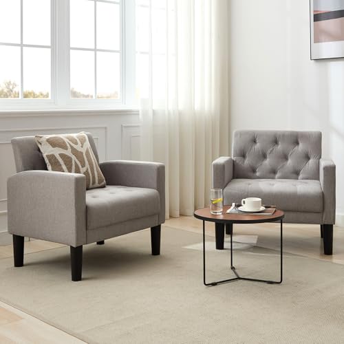Tufted Accent Chairs Set of 2, Upholstered Armchairs for Living Room - color: Light Grey