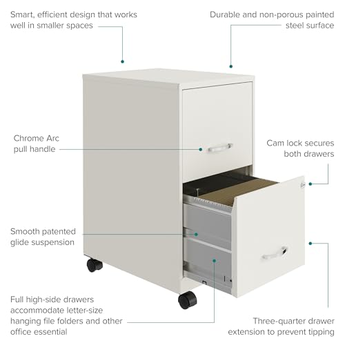 Space Solutions - 2 Drawer Fully Assembled Vertical Steel File Cabinet, Home & Small Office Use, Fits Under Most Desks, Letter-Size, Lock, Mobile, Pearl White