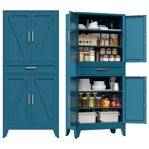 COFaR Farmhouse Storage Kitchen Pantry Cabinet with 4 Barn Door, 4 Adjustable Shelves, Drawer and Legs, for Cupboard/Dining Room/Bathroom/Living Room/Office/Laundry Room(Blue Green, 71" Metal Cabinet) - color: Blue Green, size: 71" Farmhouse 4 Doors & Dra