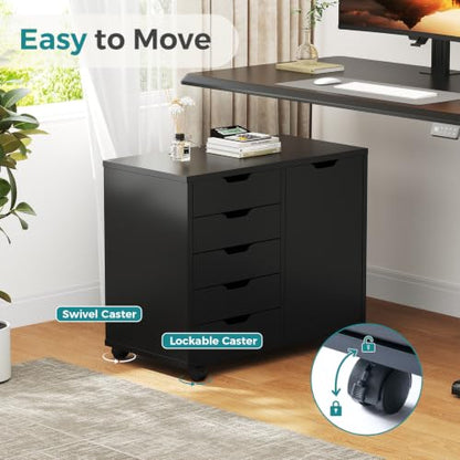 OLIXIS 5-Drawer Rolling Mobile File Cabinet Wood Printer Stand with Storage | Under Desk Storage with Locking Casters Adjustable Shelf, Wood Top 100 lbs Capacity for Home Office Organizer Compact, Black